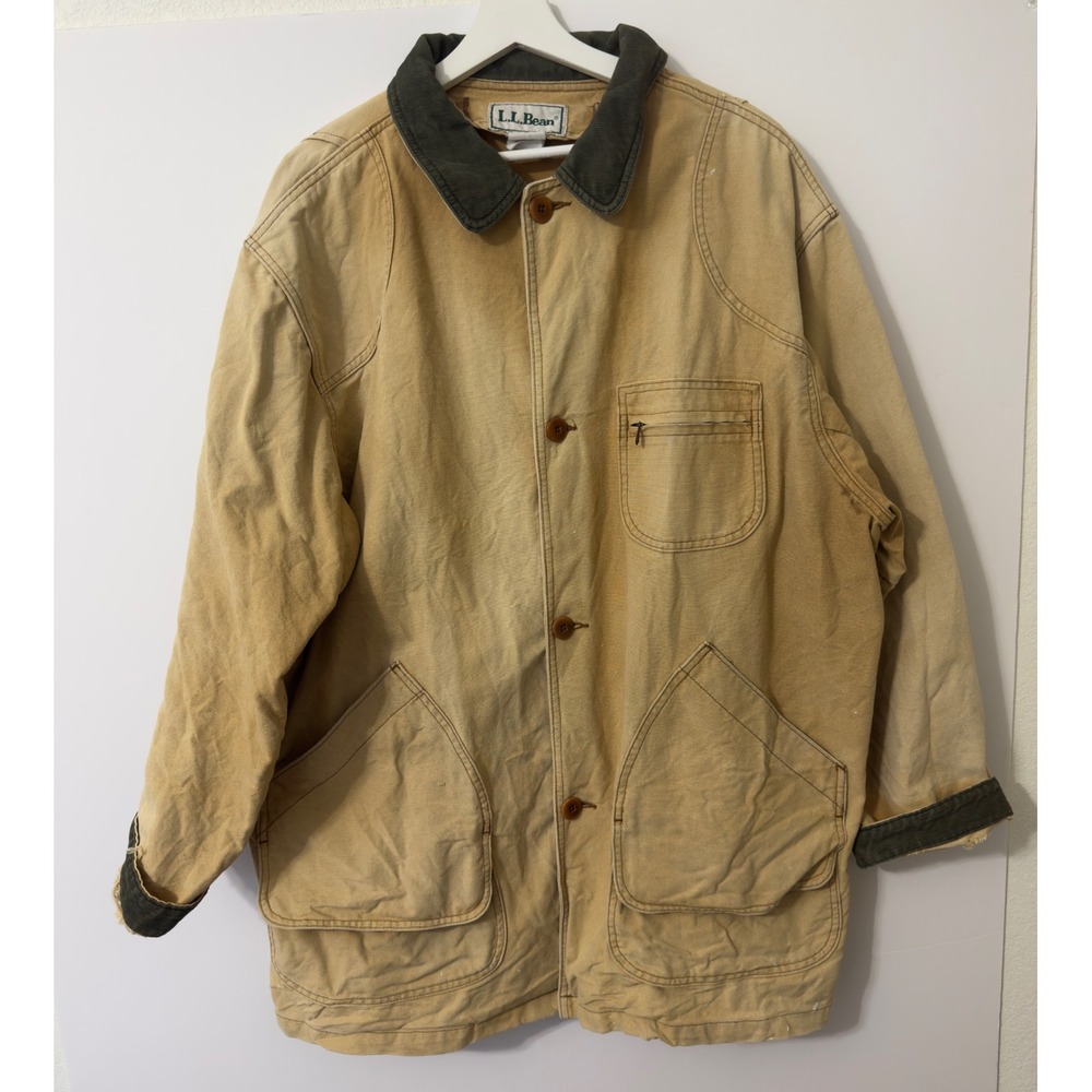 LL Bean Vintage Field Coat Mens XL Tan Distressed Canvas Corduroy Chore Jacket